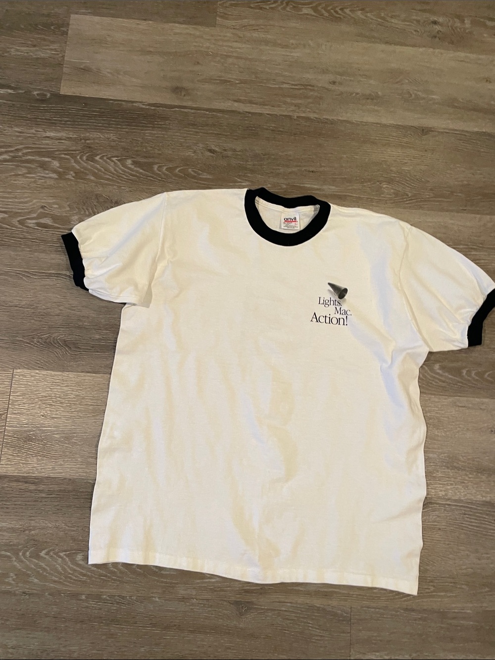 Anvil White Ringer T-Shirt with Black Trim - Lights, Mac, Action! Apple